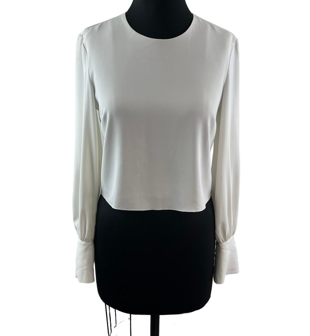 BABATON White Cropped Top Crew Neck Lantern Sleeve Keyhole Back Size X-Small XS